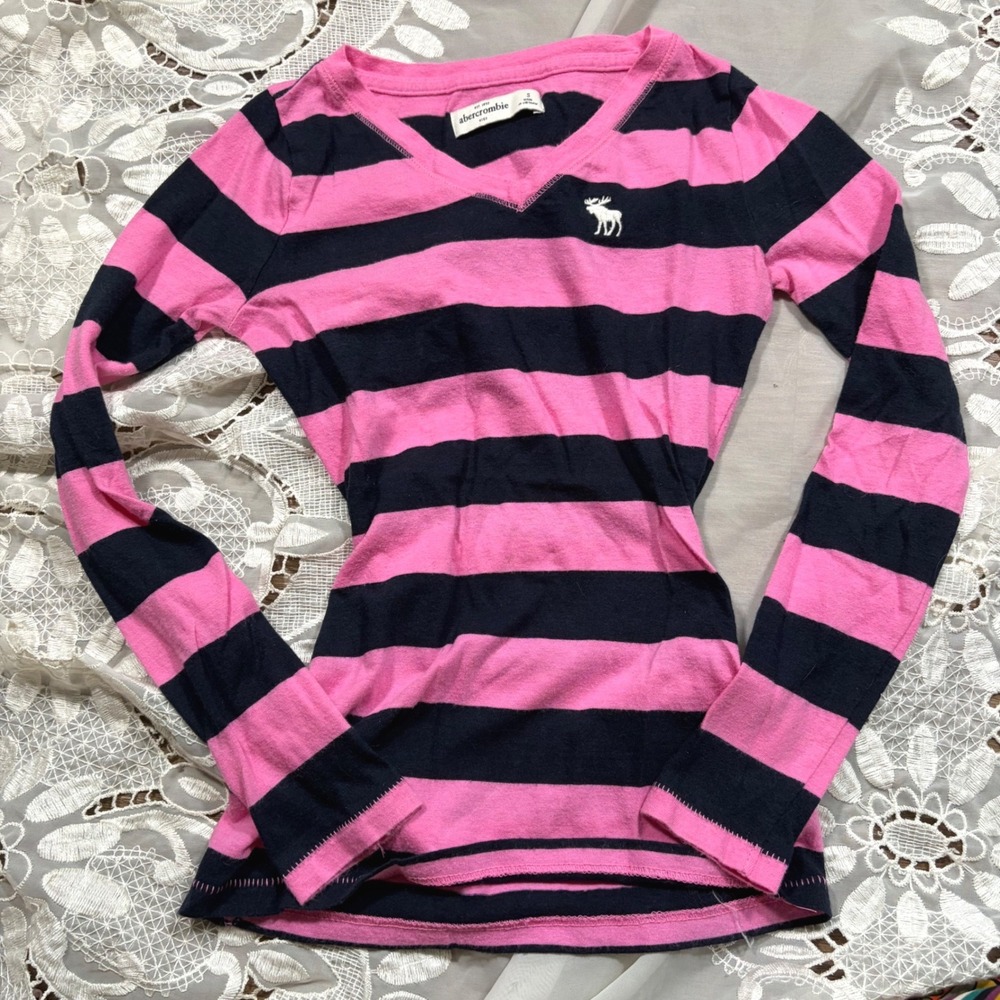 Y2K Abercrombie Pink Navy Blue Striped V-Neck Long Sleeve Shirt XXS